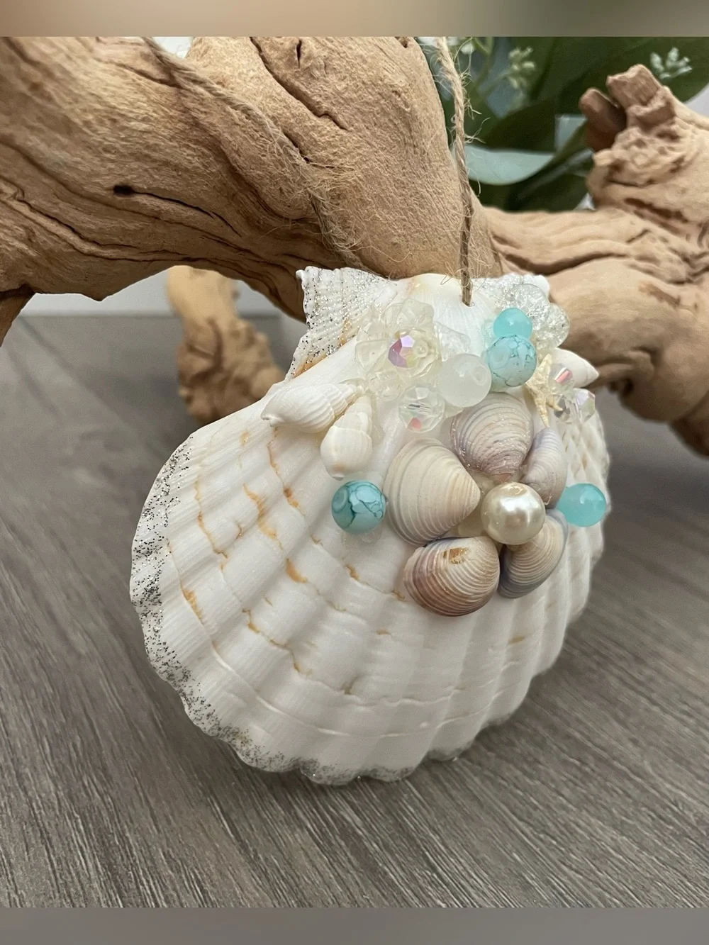 Seashell Ornament Handmade 4.5-5” Beaded Glitter Flower Aquamarine Christmas